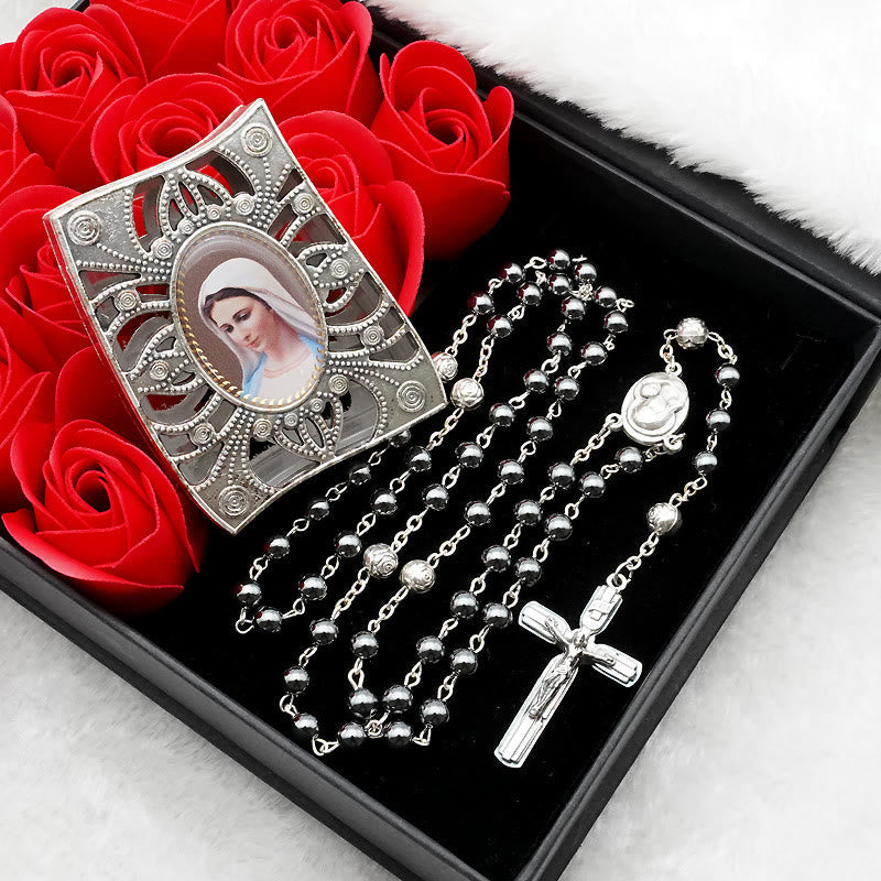christiandiscipleshop Hematite Rosary with Blessed Virgin Mary Medal