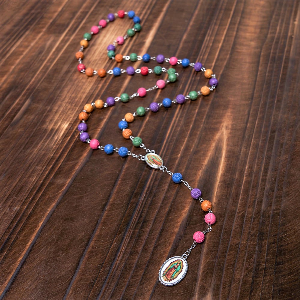 Christiandiscipleshop Our Lady of Guadalupe & Crucifix of 8 mm Rose Multicolor Resin Alloy Chain Rosary