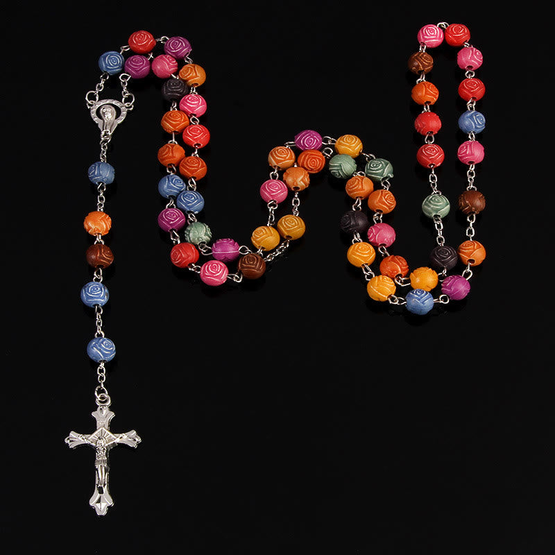 Christiandiscipleshop Our Lady of Guadalupe & Crucifix of 8 mm Rose Multicolor Resin Alloy Chain Rosary
