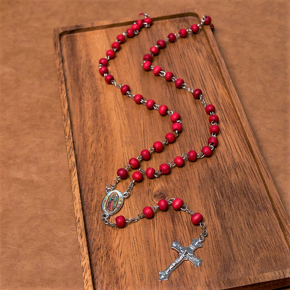 Christiandiscipleshop Our Lady of Guadalupe & Crucifix of 6 mm Round Multicolor Wood Alloy Chain Rosary