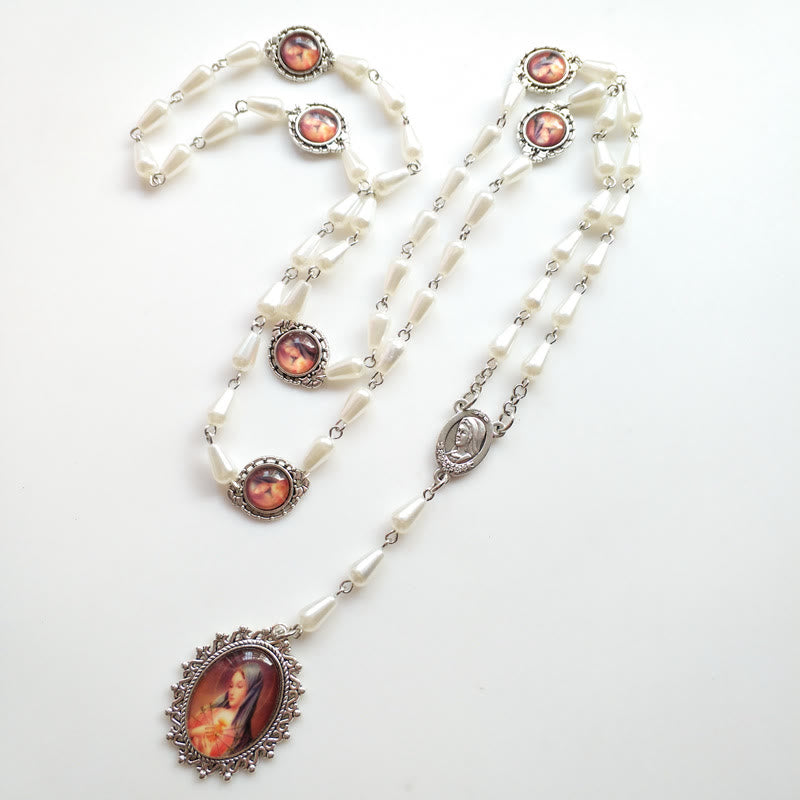 christiandiscipleshop Immaculate Heart of Mary of 5*10 mm Drop-shaped White Pearl Alloy Chain Rosary