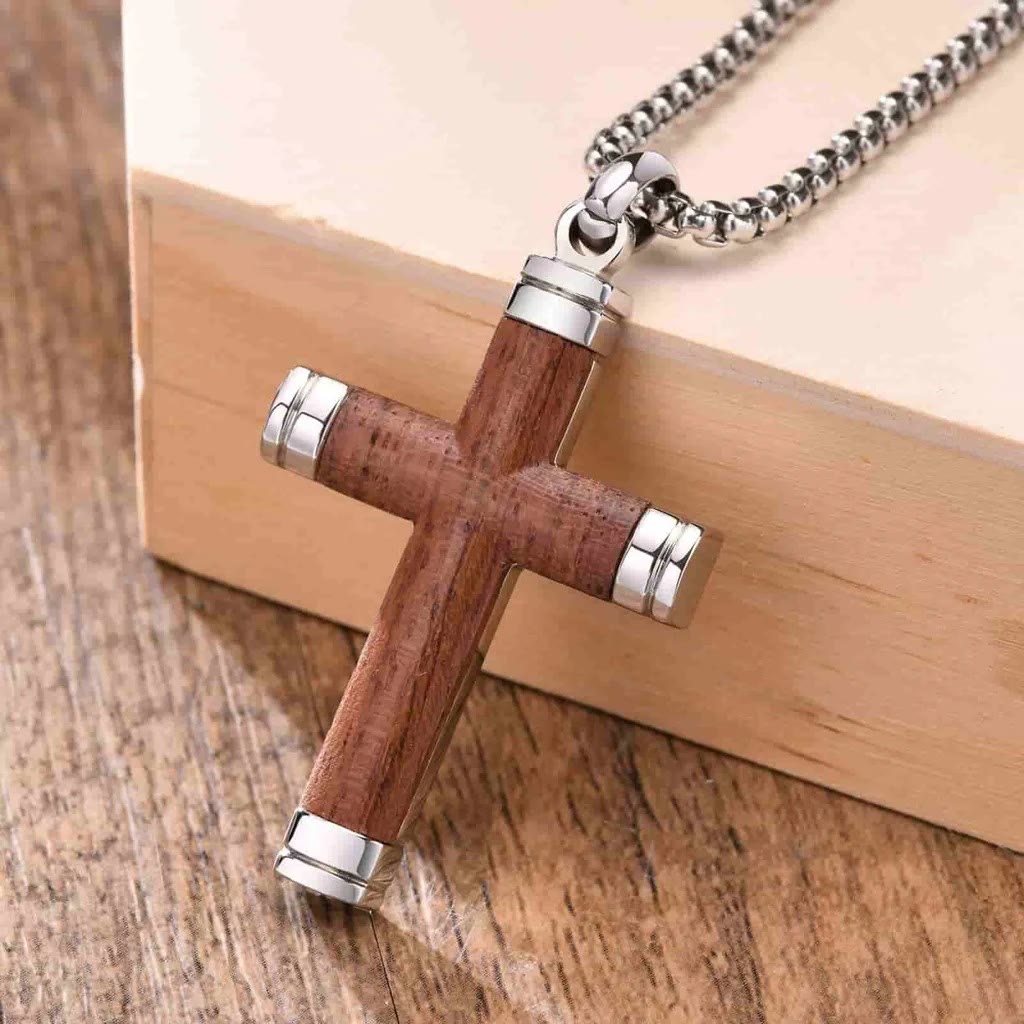 Christiandiscipleshop Pearwood Wooden Cross Pendant Titanium Necklace