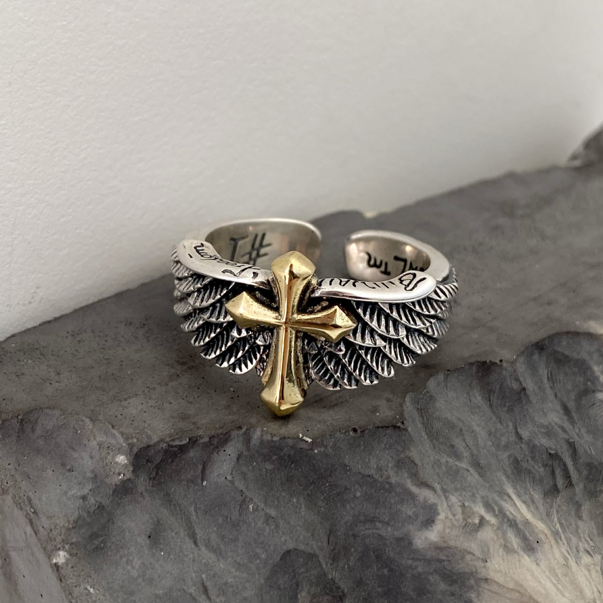 Christiandiscipleshop Retro Wings Cross Graffiti Letter Adjustable Ring
