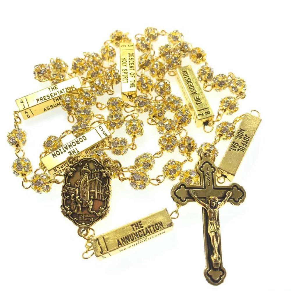 Christiandiscipleshop Our Lady of Fátima & Crucifix of 8 mm Round Golden Metal Gems Alloy Chain Rosary