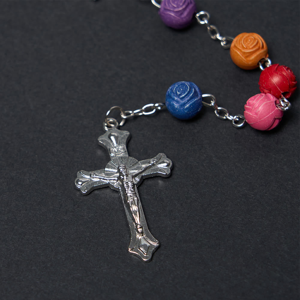 Christiandiscipleshop Our Lady of Guadalupe & Crucifix of 8 mm Rose Multicolor Resin Alloy Chain Rosary