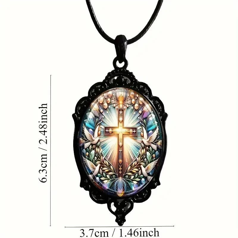 Christiandiscipleshop Retro Style Cross & Holy Dove Glass Pendant Necklace