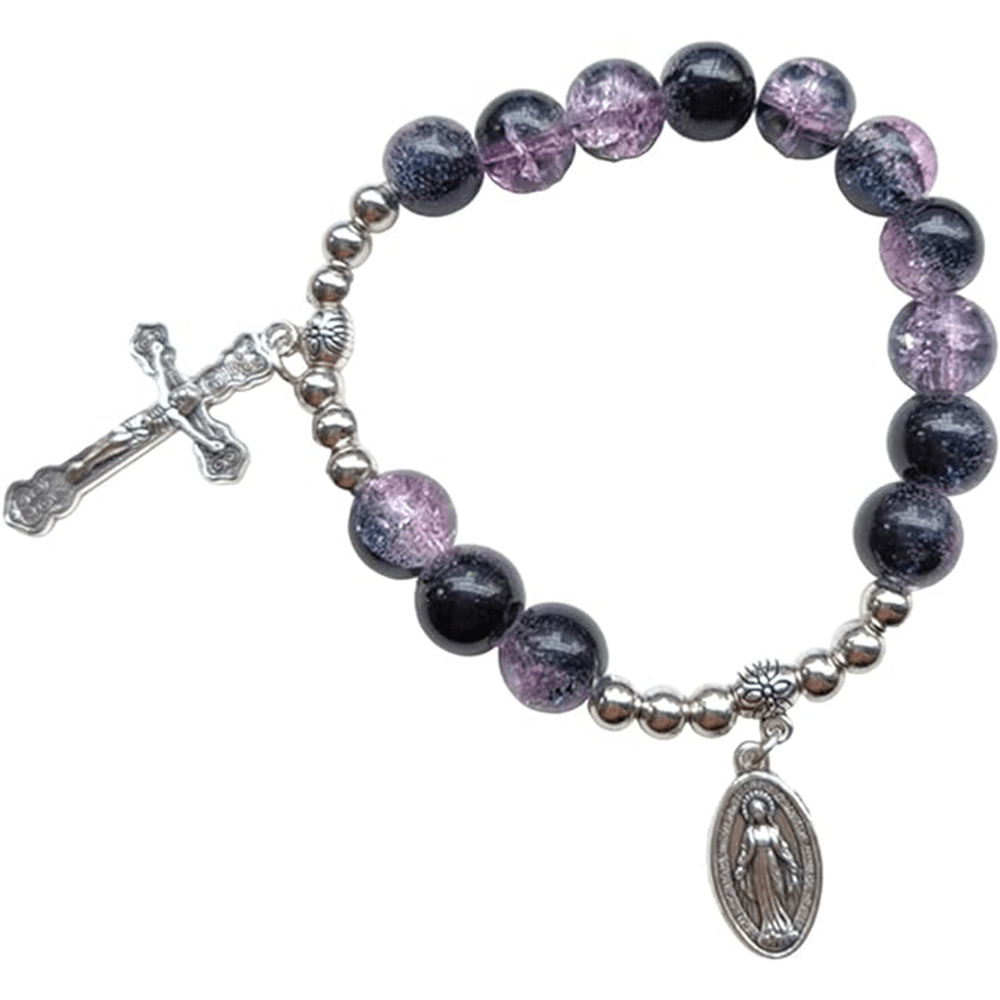 christiandiscipleshop Miraculous Medallion & Crucifix Two-Tone Glass Bracelet