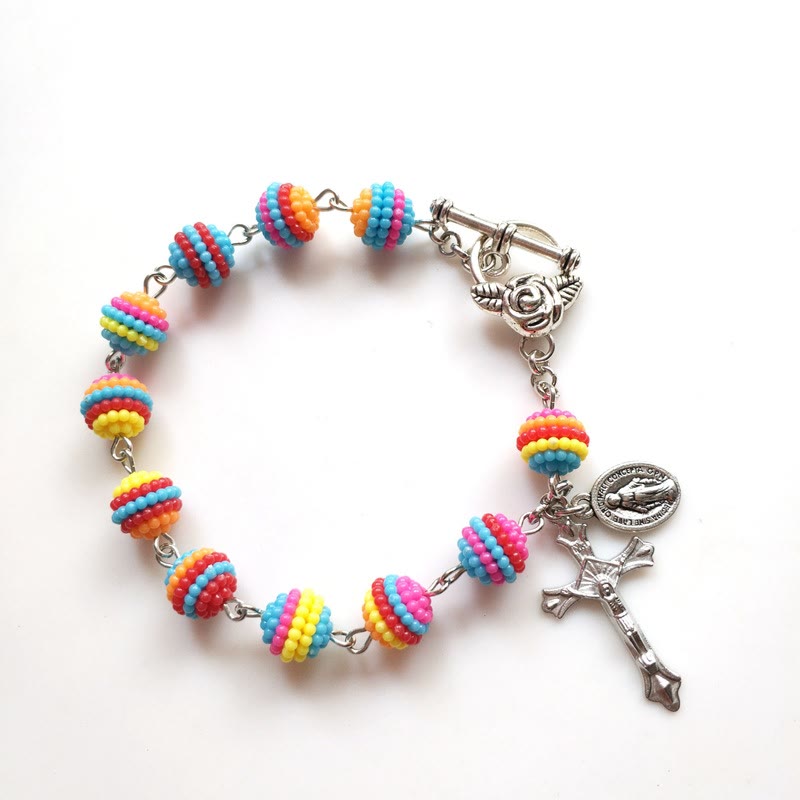 christiandiscipleshop Jesus & Mary Rainbow Beaded Religion Wrist Bracelet