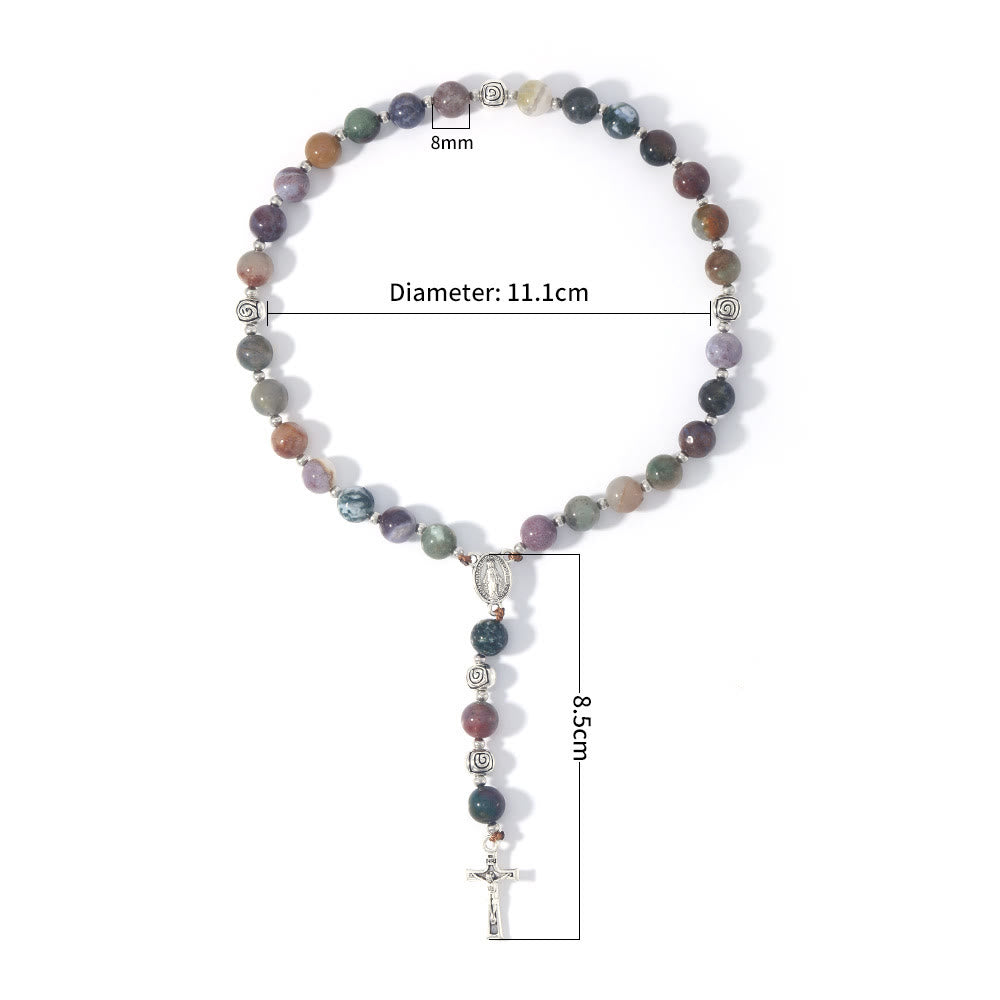 christiandiscipleshop Miraculous Medal & Crucifix of 8 mm Round Multicolor Stone Nylon Cord Rosary