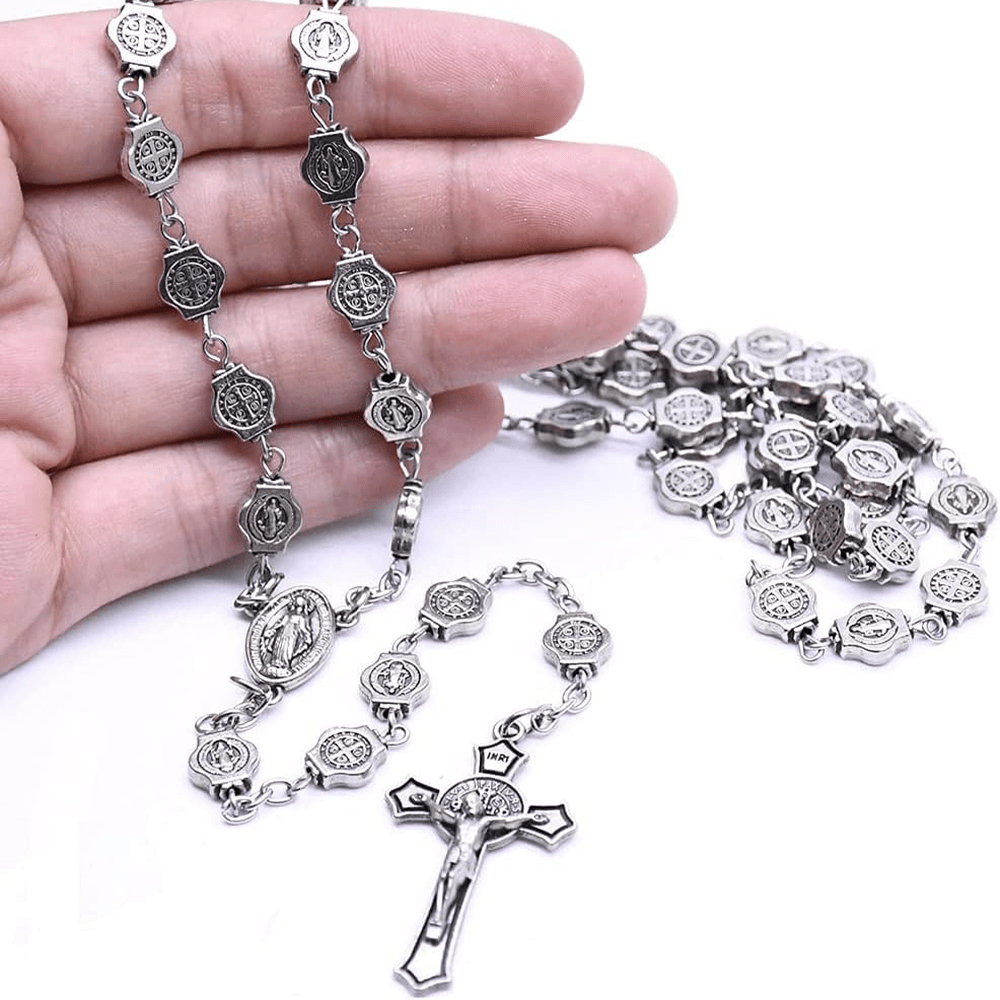 Christiandiscipleshop St. Benedict Medal & Crucifix of 8 mm Polyhedron Silver Metal Alloy Chain Rosary