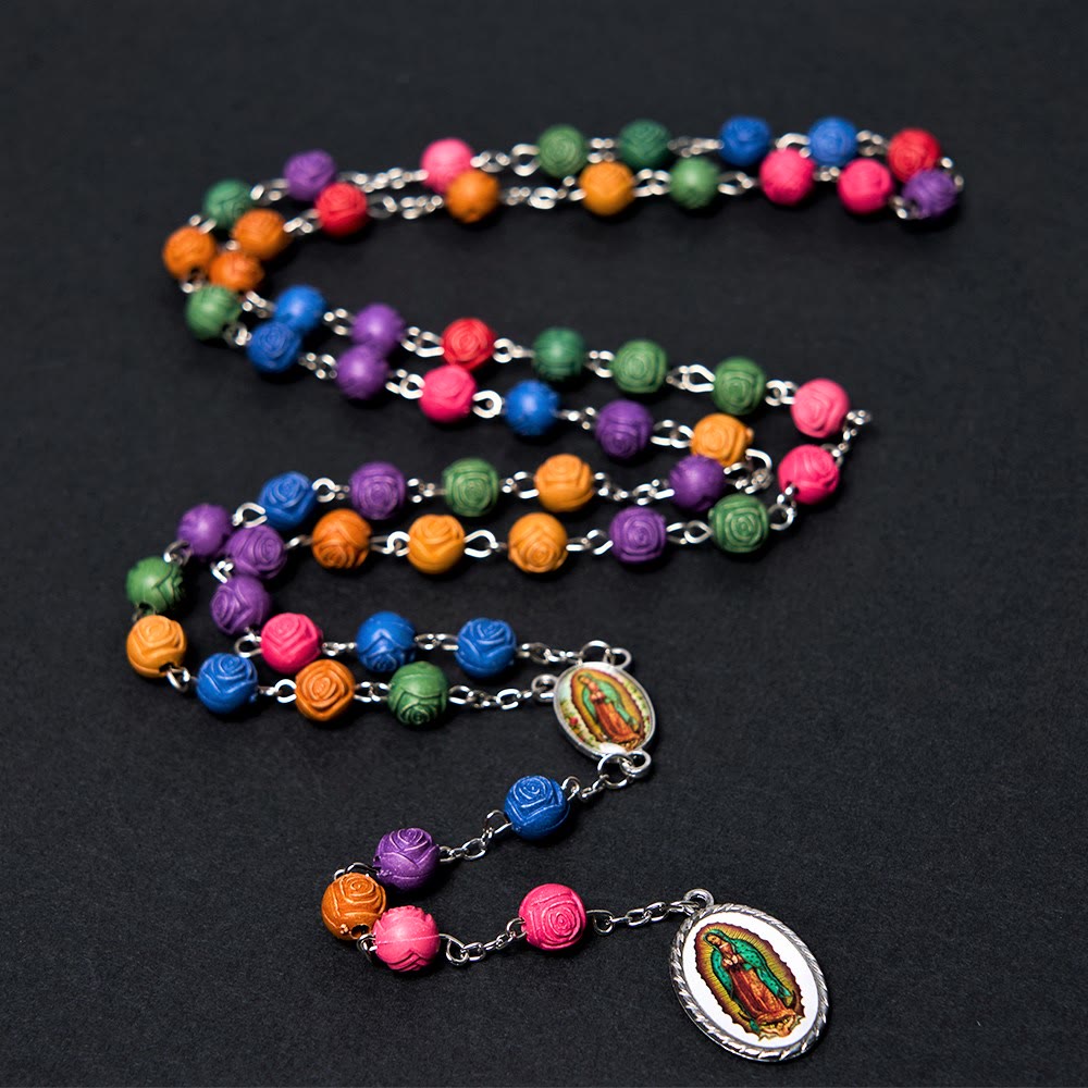Christiandiscipleshop Our Lady of Guadalupe & Crucifix of 8 mm Rose Multicolor Resin Alloy Chain Rosary