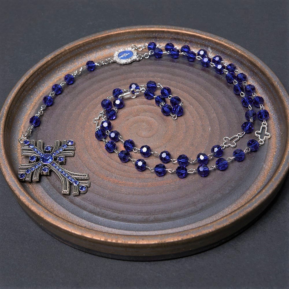 christiandiscipleshop Miraculous Medal & Cross of 8 mm Polyhedron Blue Crystal Alloy Chain Rosary