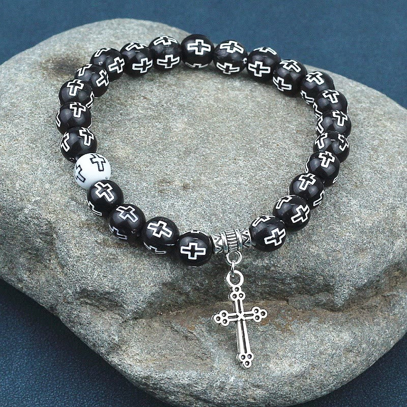 Christiandiscipleshop Cross Printed Black & White Bead Bracelet