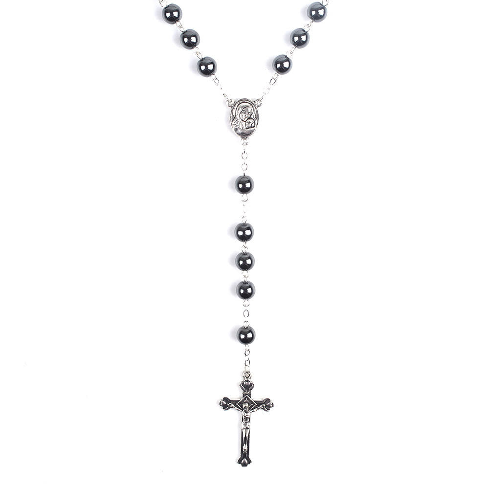 christiandiscipleshop Madonna and Child & Crucifix of 8 mm Round Black Hematite Alloy Chain Rosary