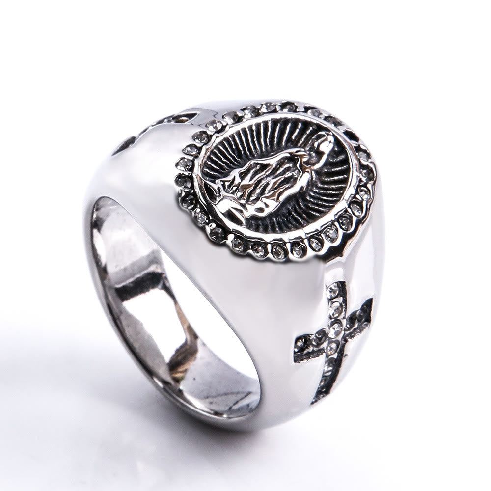 christiandiscipleshop Virgin Mary Stainless Steel Ring Cross Sign Catholic Rings for Religious Jewelry