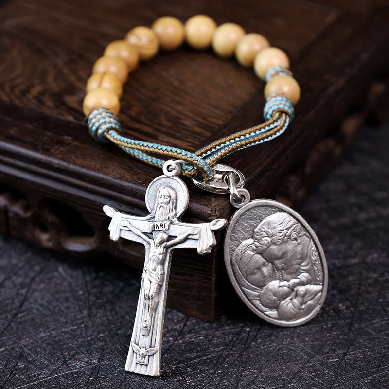 Mary Joseph with Baby Jesus Medal & Holy Trinity Cross Olive Wood Pocket Rosary