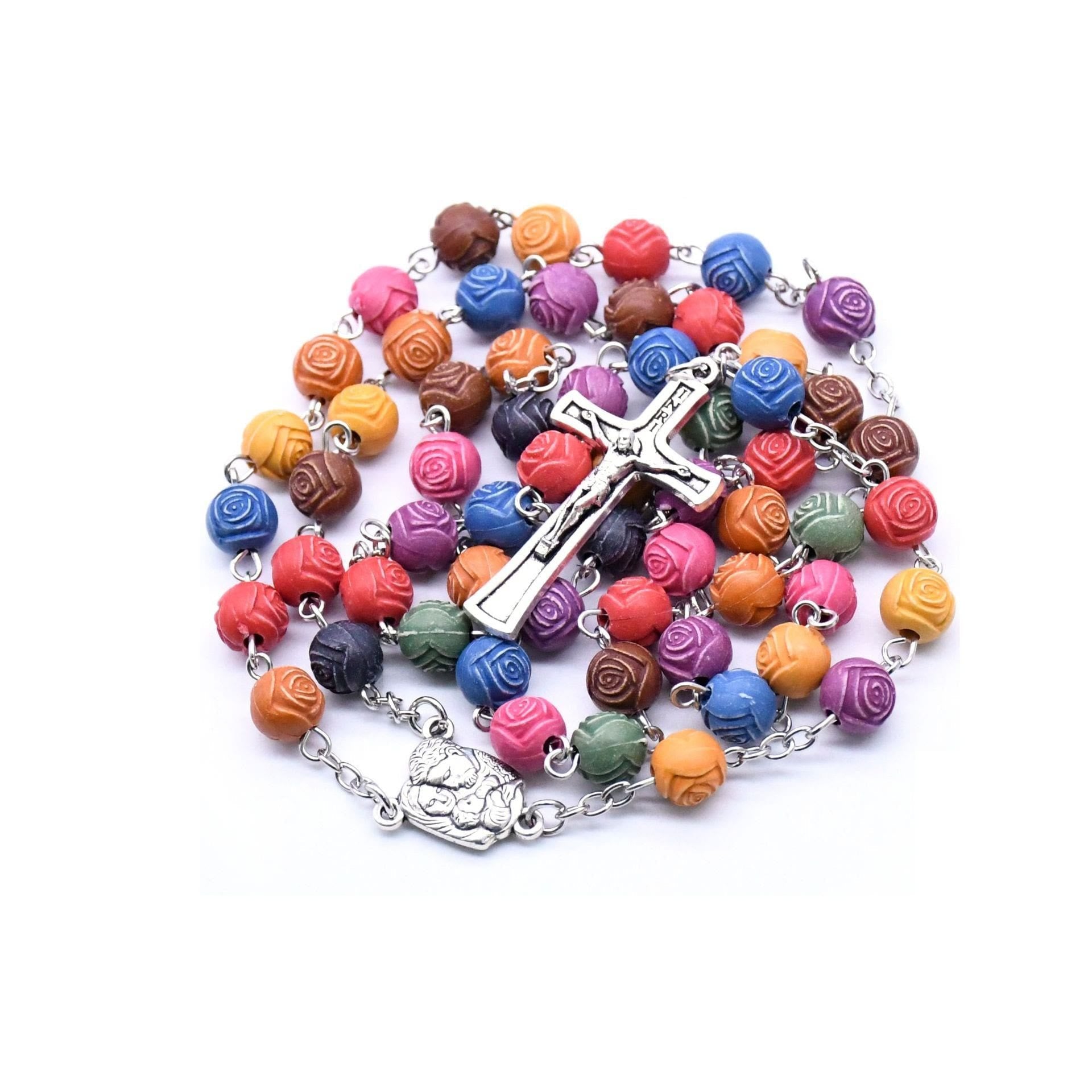 Holy Family Jesus Cross Rose Colored Beads Rosary
