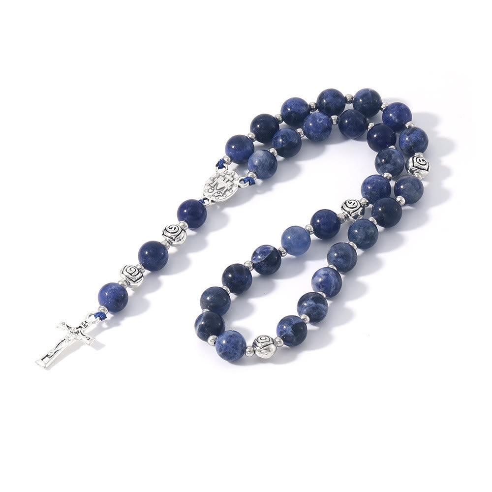 christiandiscipleshop Miraculous Medal & Crucifix of 8 mm Round Multicolor Stone Nylon Cord Rosary