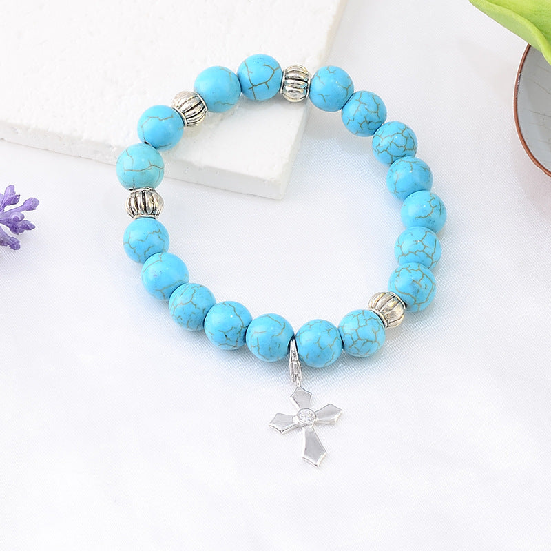 christiandiscipleshop Hand-Crafted Turquoise Beaded Cross Pendant Bracelet