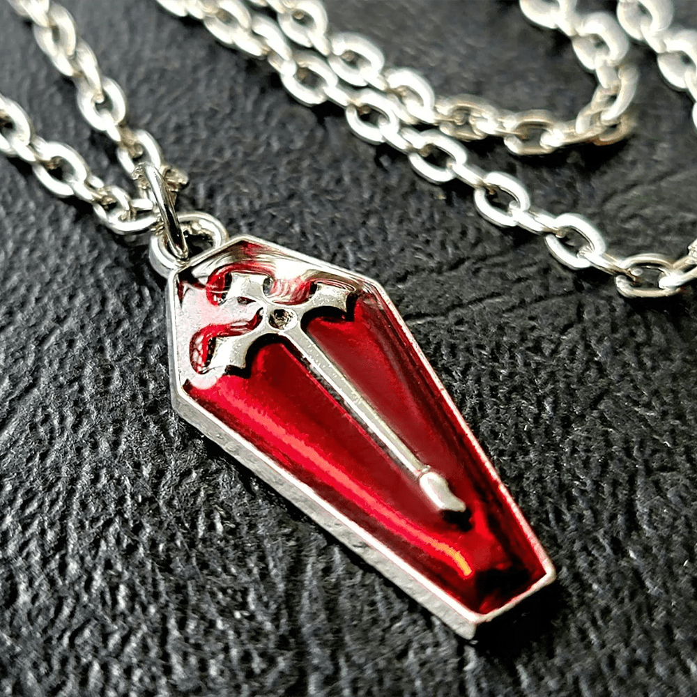 Christiandiscipleshop Gothic Style Red Enamel Halloween Vampire Coffin Cross Necklace