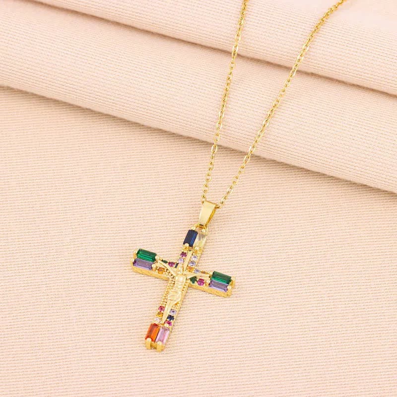 Christiandiscipleshop Retro Bohemian Style Colored Zirconia Cross Titanium Steel Necklace