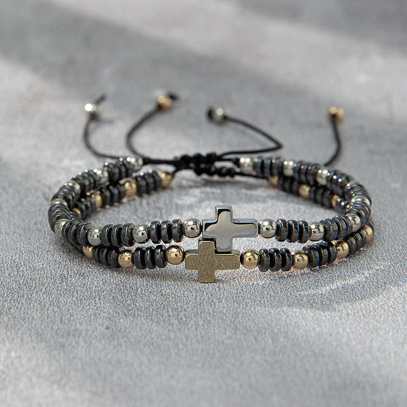 Christianartworkshop 2pcs Cross Decor Beaded Stackable Hematite Bracelet
