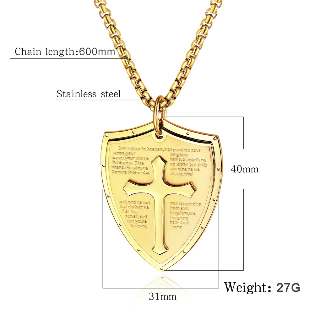 christiandiscipleshop Stainless Steel Lords Prayer Cross Shield Pendant Necklace