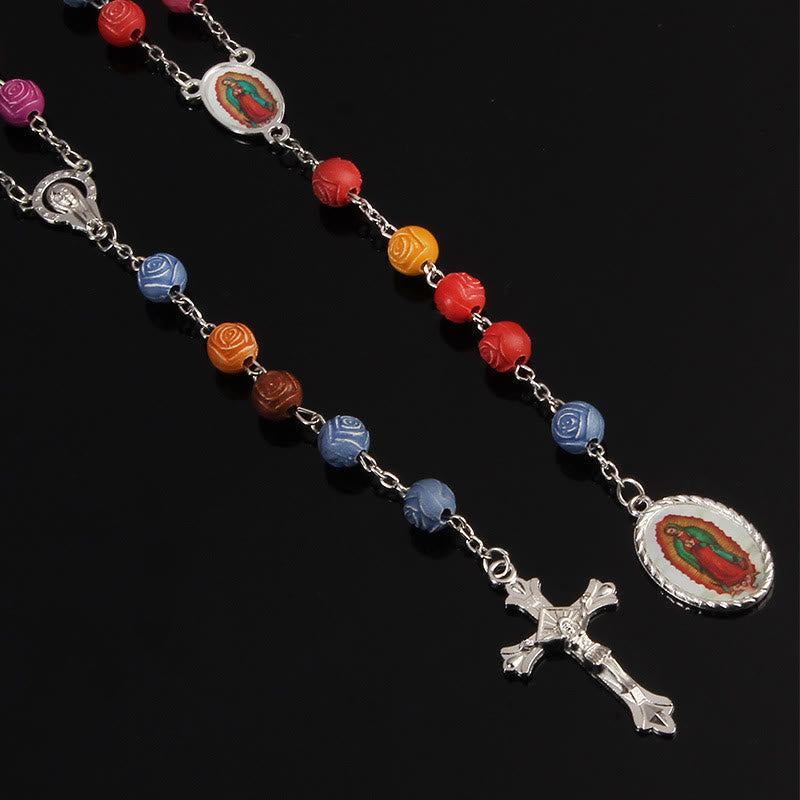 Christiandiscipleshop Our Lady of Guadalupe & Crucifix of 8 mm Rose Multicolor Resin Alloy Chain Rosary