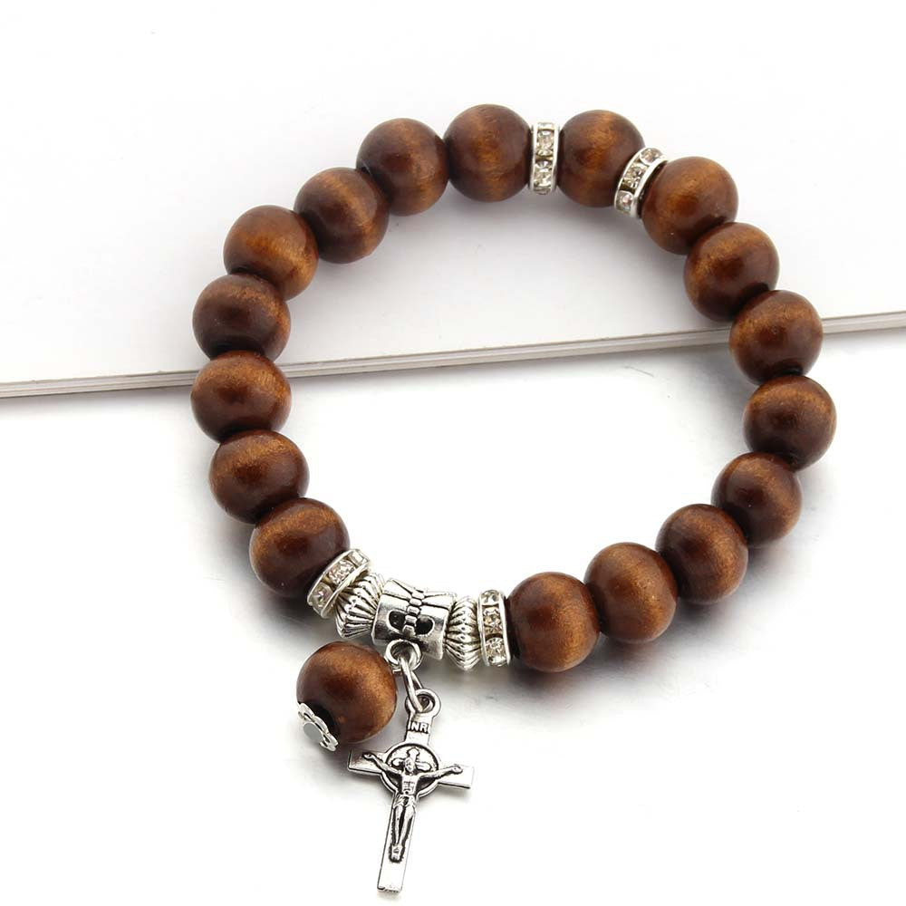 christiandiscipleshop Handmade Wooden Bead Jesus Cross Bracelet