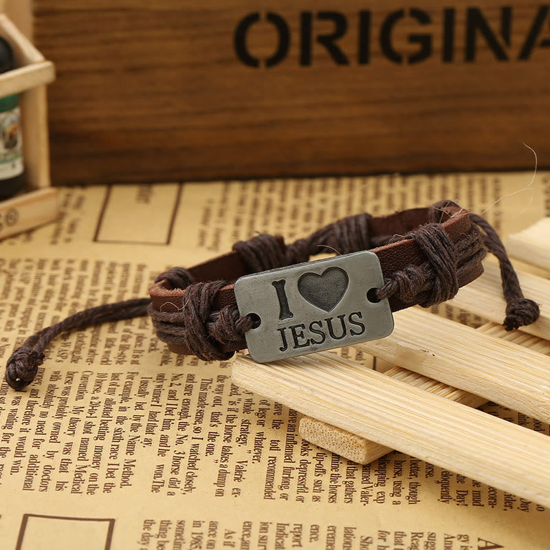 Christianartworkshop "I Love Jesus" Jewelry Cross Adjustable Leather Bracelet