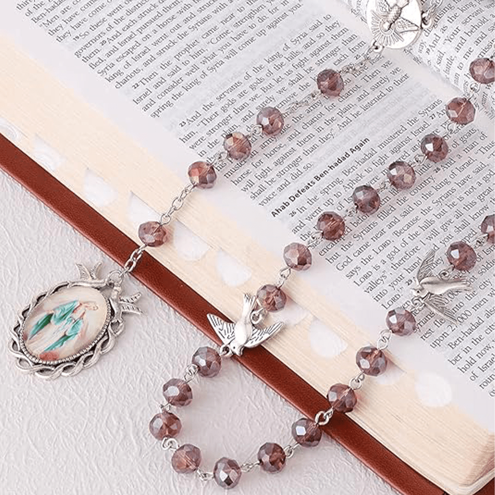 christiandiscipleshop Holy Spirit & Our Lady of Grace of 6*8 mm Polyhedron Purple Crystal Alloy Chain Rosary