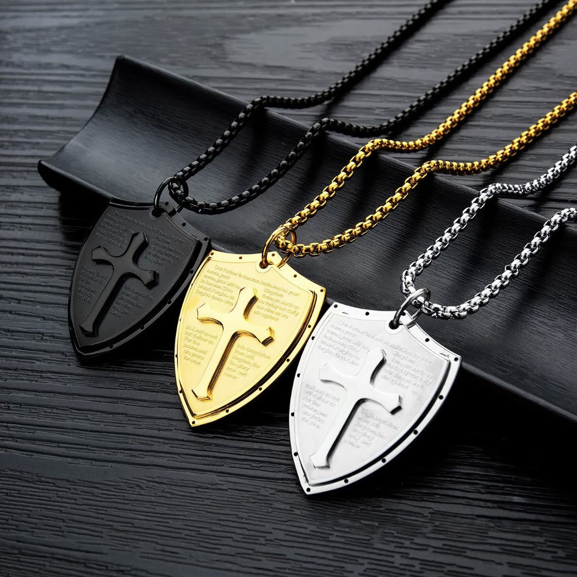 christiandiscipleshop Stainless Steel Lords Prayer Cross Shield Pendant Necklace