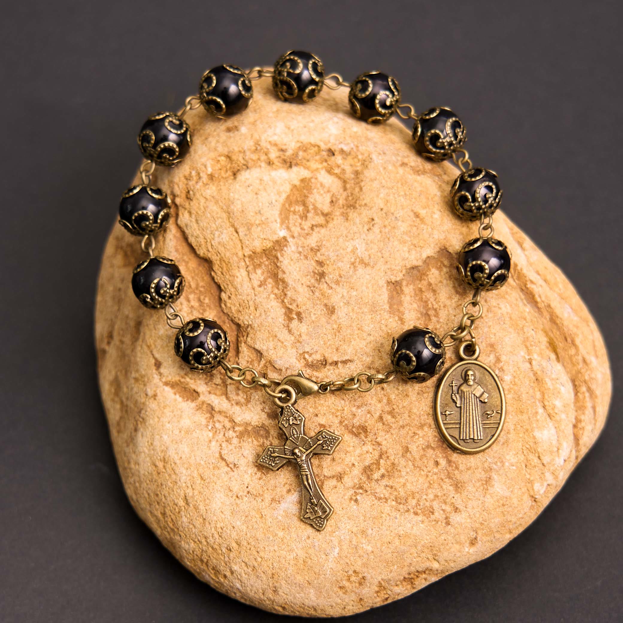 Christiandiscipleshop Crafted Retro Black St. Benedict Medal & Crucifix Rosary Bracelet