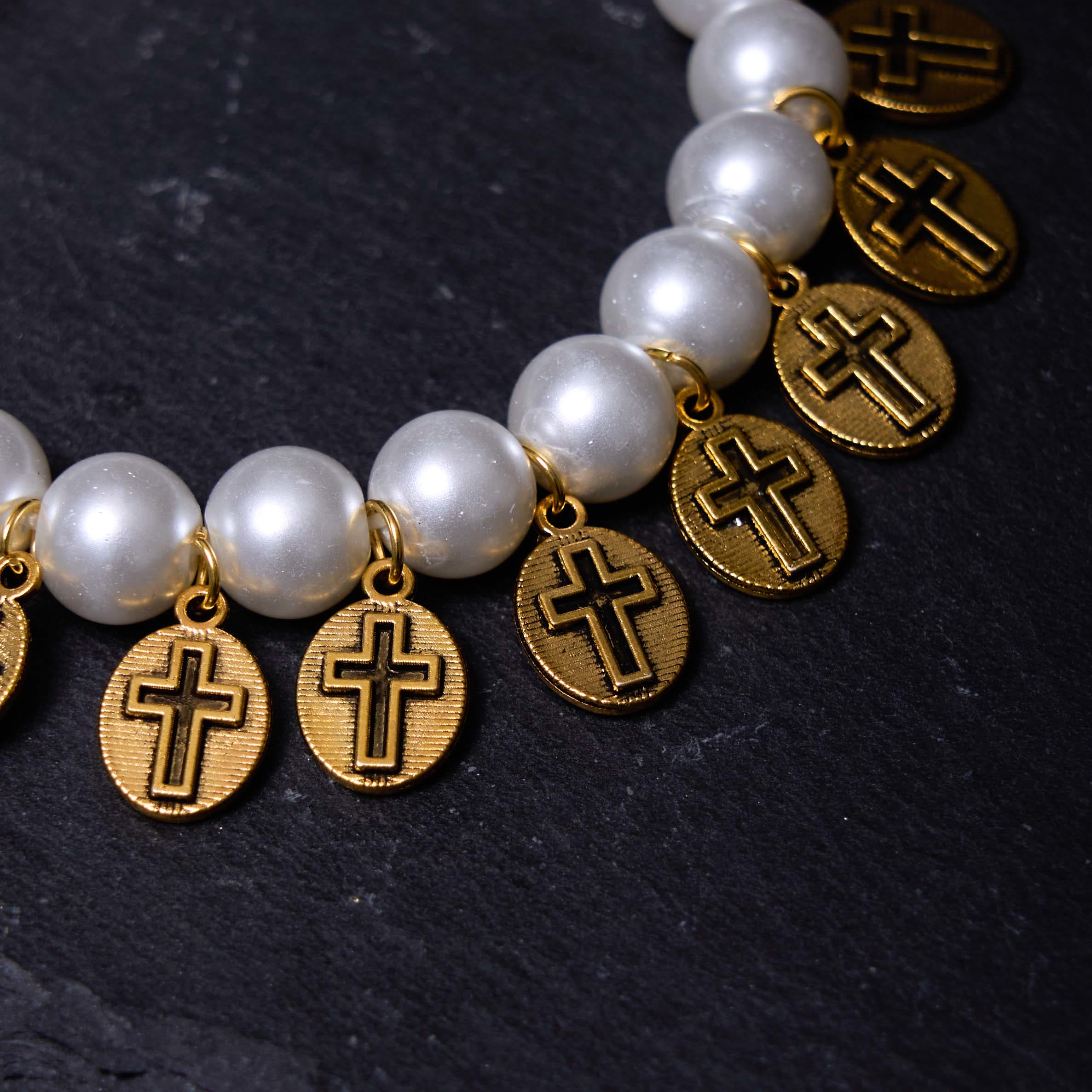 Christiandiscipleshop Retro Style Saint Jesus Mary Medals Cross Pearl Bracelet