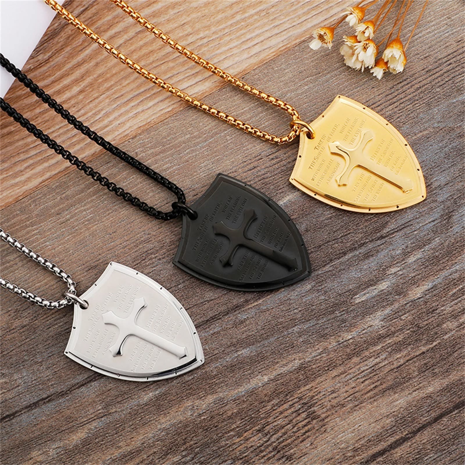 christiandiscipleshop Stainless Steel Lords Prayer Cross Shield Pendant Necklace