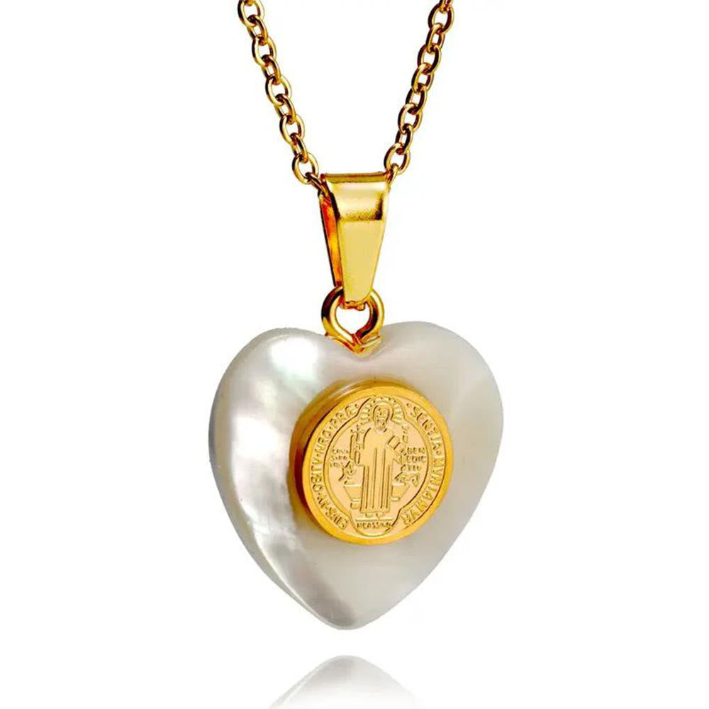 Christiandiscipleshop St. Benedict Medal Heart Shell Necklace
