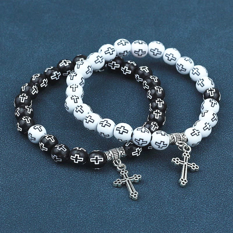 Christiandiscipleshop Cross Printed Black & White Bead Bracelet