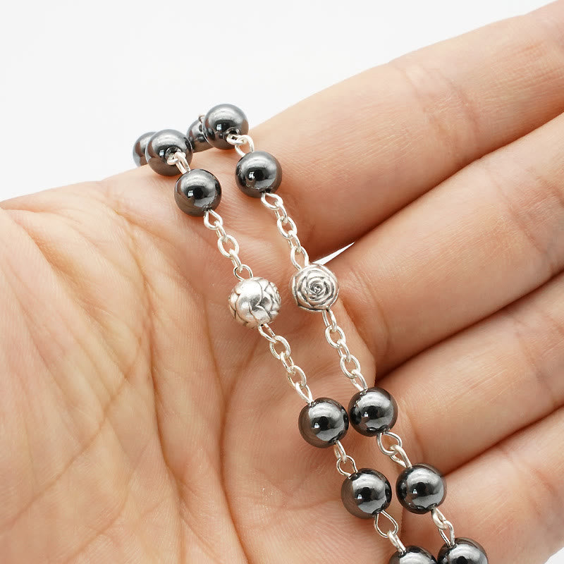 christiandiscipleshop Hematite Rosary with Blessed Virgin Mary Medal