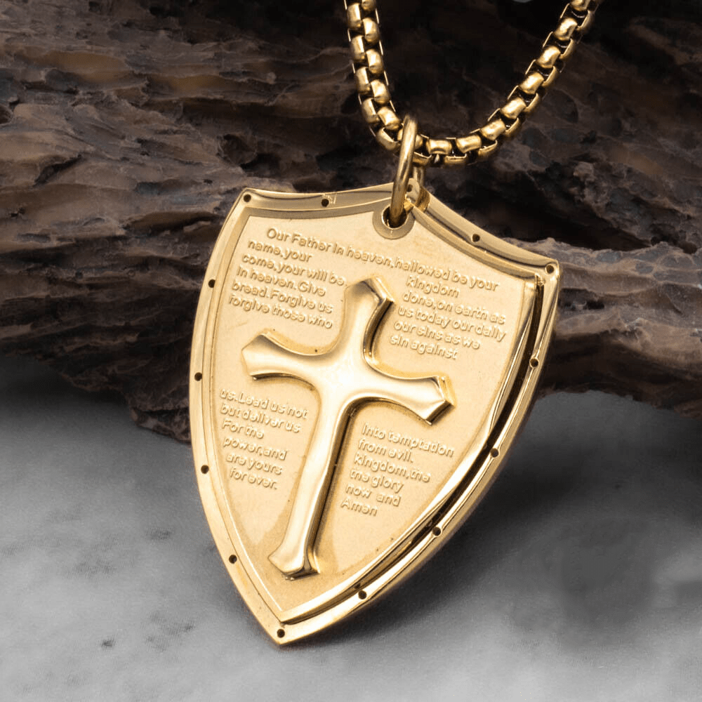 christiandiscipleshop Stainless Steel Lords Prayer Cross Shield Pendant Necklace