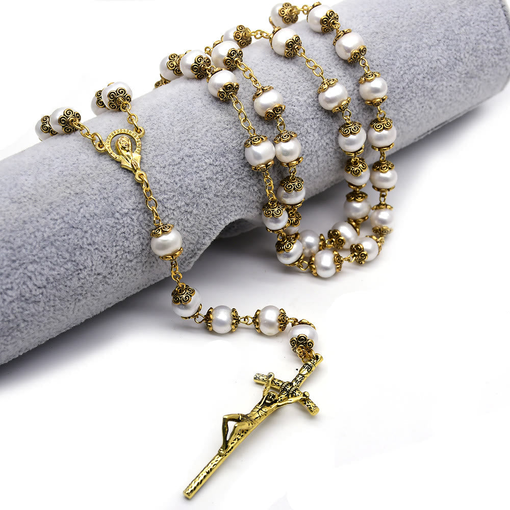 Christiandiscipleshop Our Lady of Grace & Crucifix of 8*9 mm Round White Pearl Alloy Chain Rosary