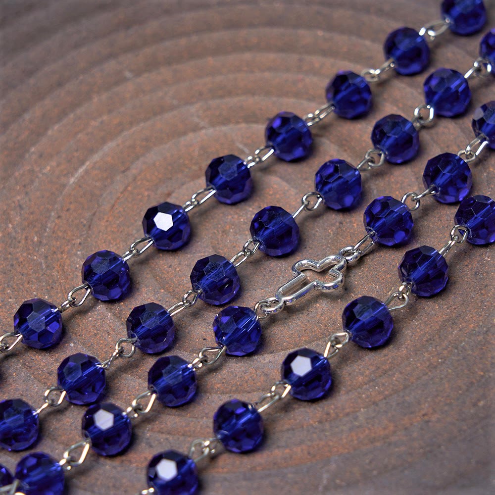 christiandiscipleshop Miraculous Medal & Cross of 8 mm Polyhedron Blue Crystal Alloy Chain Rosary
