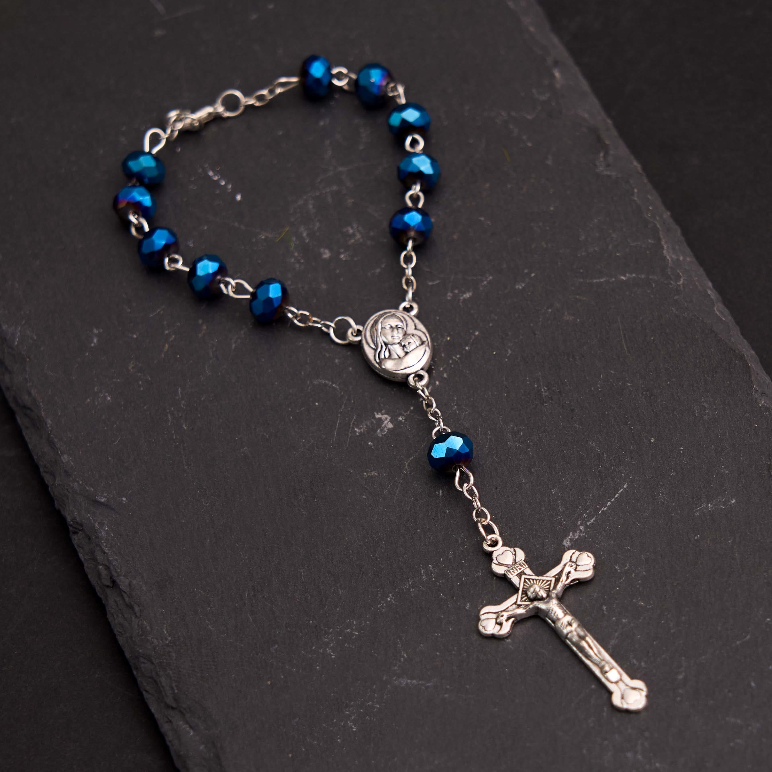 Blue Crystal Gemstone Virgin Mary Bracelet Rosary