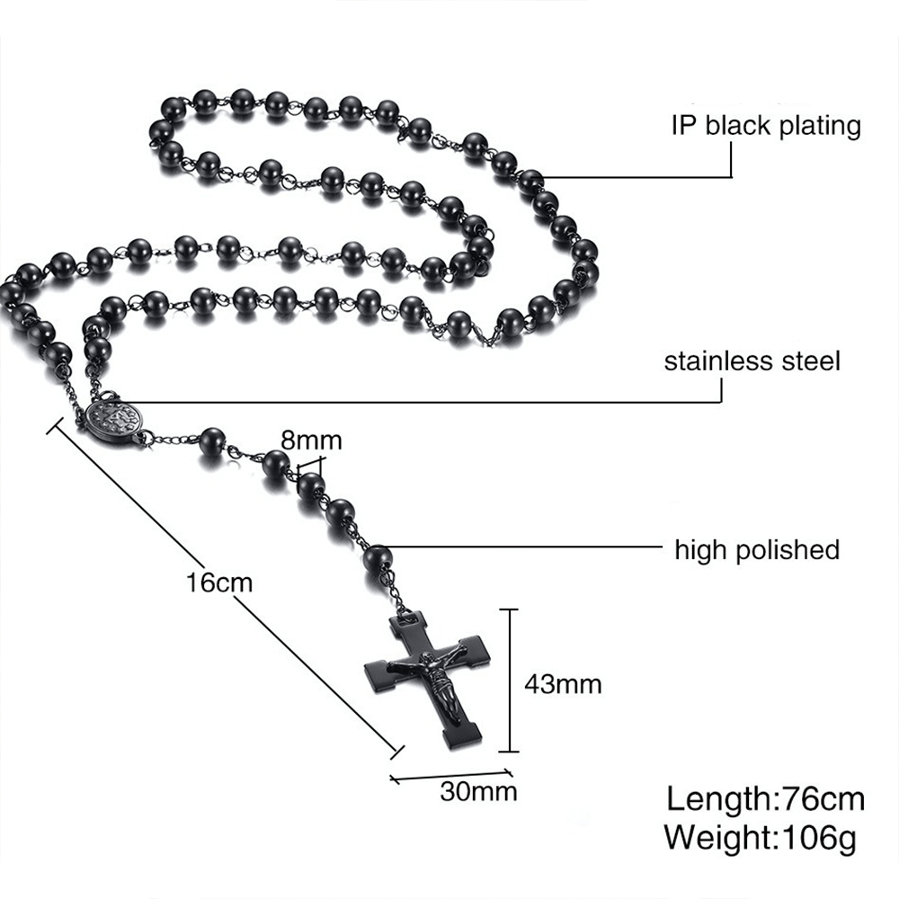 Christiandiscipleshop Our Lady of Grace & Crucifix of 8 mm Round Black Steel Ball Alloy Chain Rosary
