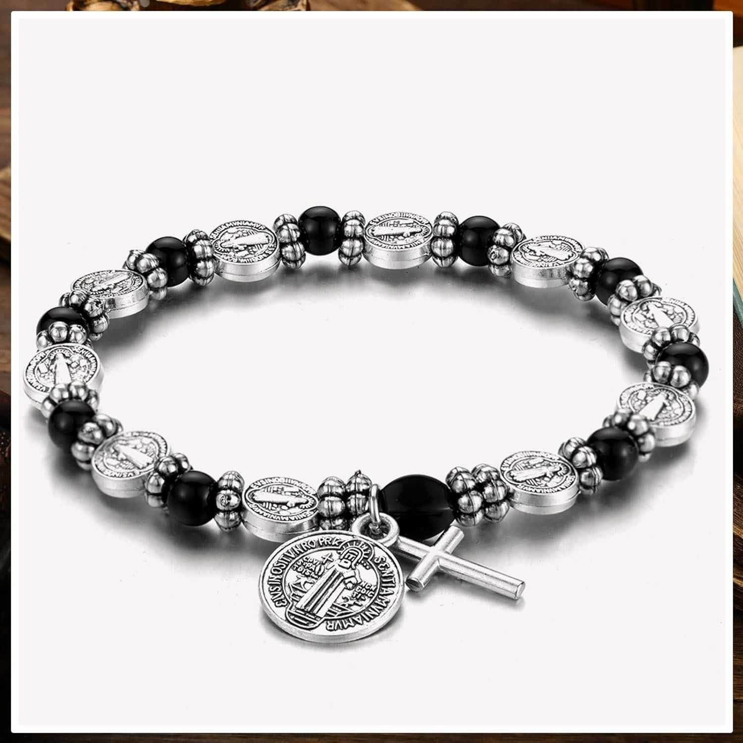 Christiandiscipleshop Silver St. Benedict Medal Rosary Bracelet