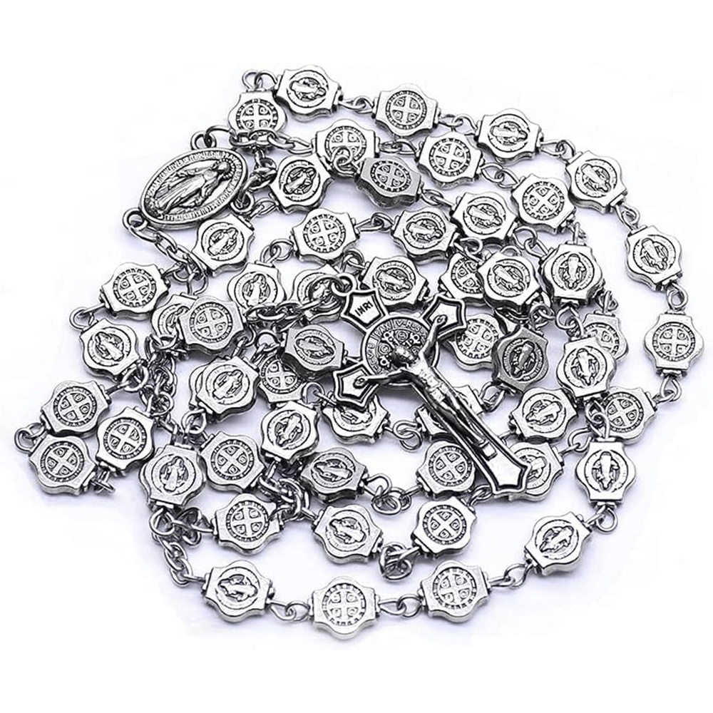 Christiandiscipleshop St. Benedict Medal & Crucifix of 8 mm Polyhedron Silver Metal Alloy Chain Rosary
