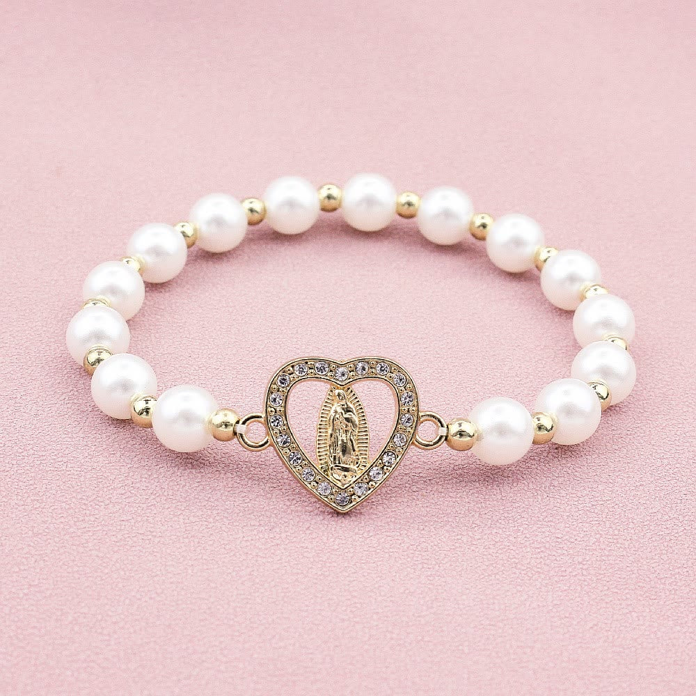 Christiandiscipleshop Rhinestones Heart-shaped Virgin Mary Pearl Bracelet