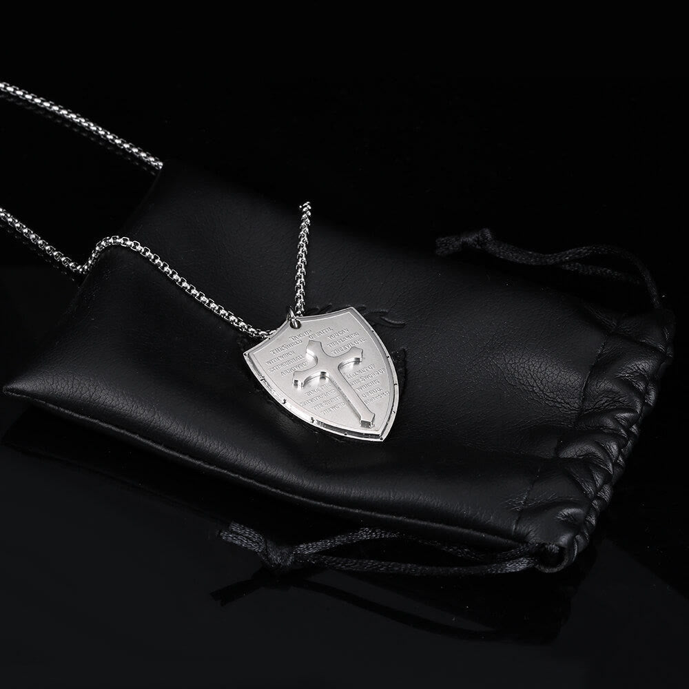 christiandiscipleshop Stainless Steel Lords Prayer Cross Shield Pendant Necklace