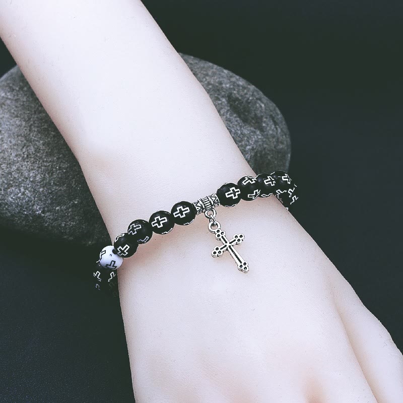 Christiandiscipleshop Cross Printed Black & White Bead Bracelet