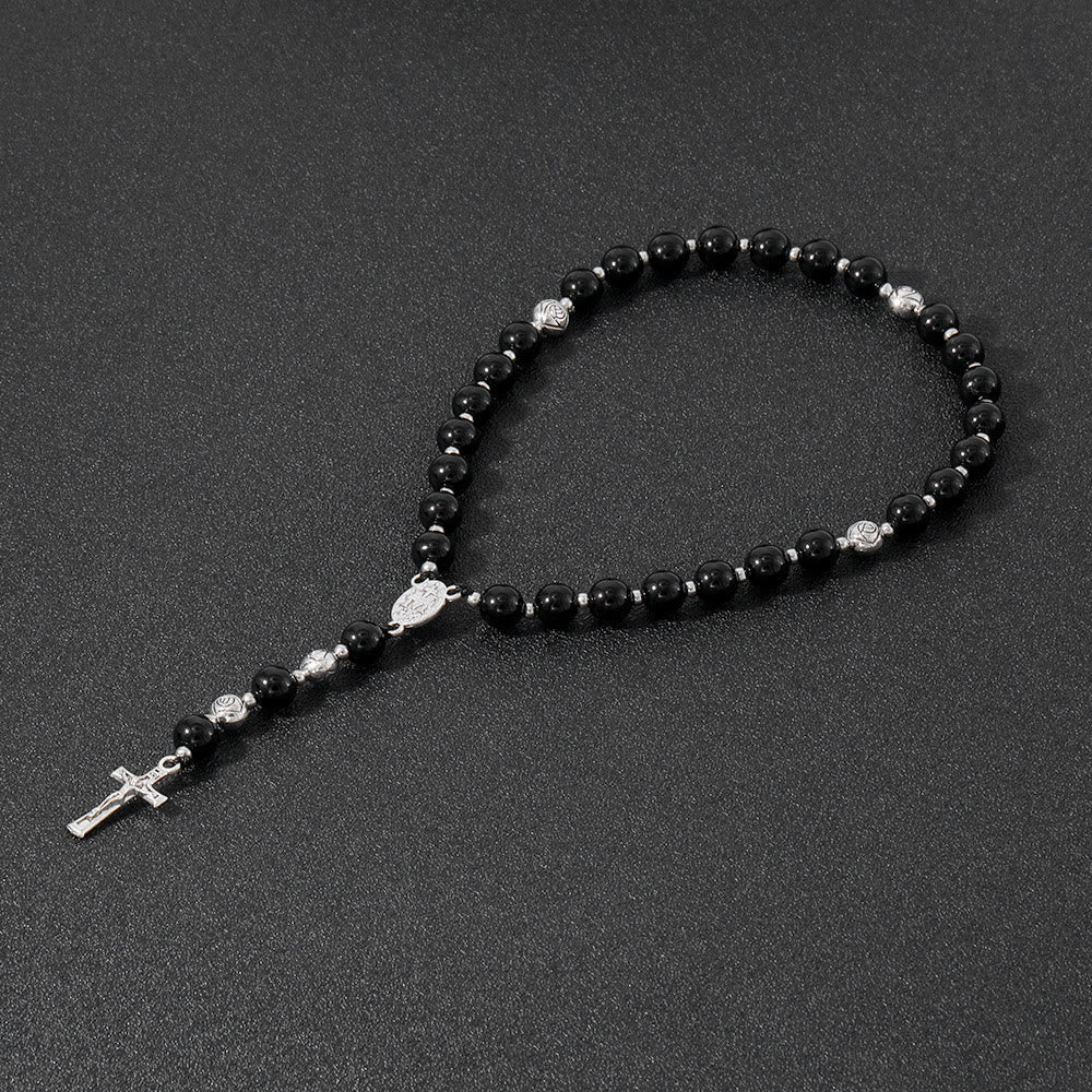 christiandiscipleshop Miraculous Medal & Crucifix of 8 mm Round Multicolor Stone Nylon Cord Rosary