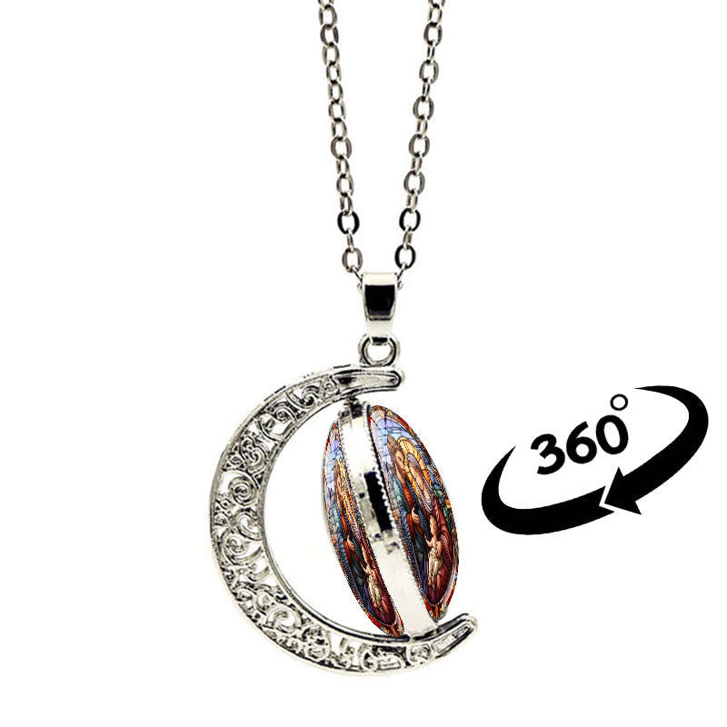 christiandiscipleshop Jesus Holy Family Double-Sided Rotating Moon Pendant Necklace